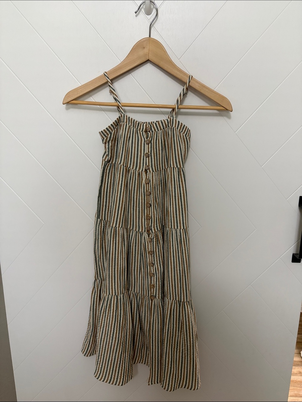 Rylee + Cru Cream, Brown & Navy Striped Tiered Spaghetti-Strap Maxi Dress